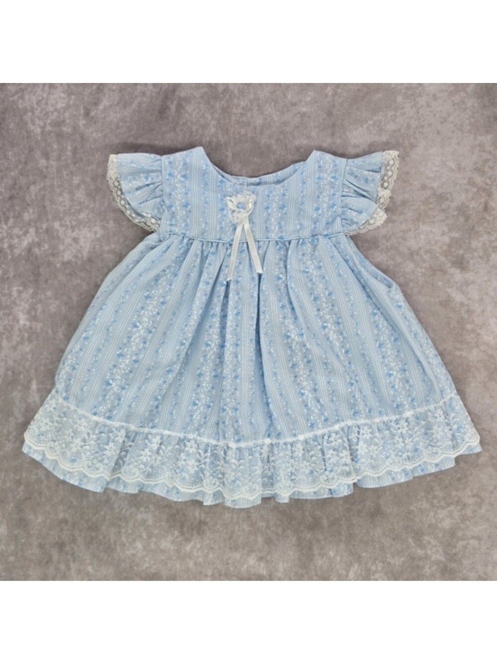 Vintage Baby Blue Floral Pattern Lace Fringed Dress